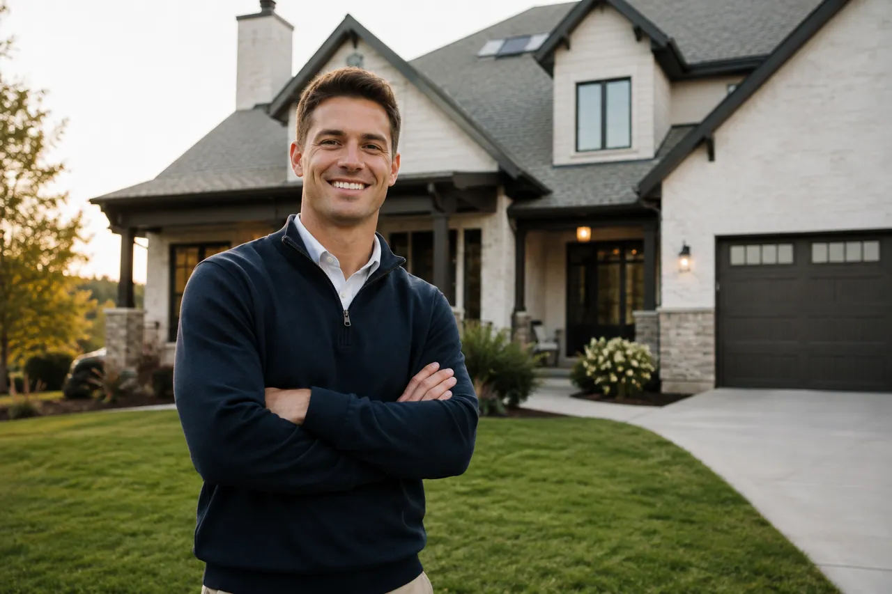 A real estate investor standing in front of a home.